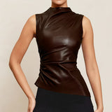 Sleeveless leather vest   women's clothing leather stand-up collar personalized waist irregular hem sleeveless top