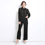 temperament elegant new fashion lapel embroidered hollow shirt high waist thin straight pants trousers two-piece set