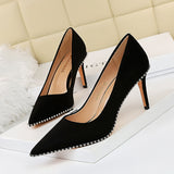 2025 1829-5  style sexy nightclub showing thin super high heel thin heel suede light mouth metal chain pointed women's single shoes