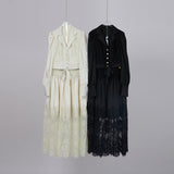 women's clothing suit lapel bubble long-sleeved single-breasted top with lace skirt set black and white