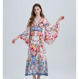 Real shot, sexy in summer, positioning printing, wide-sleeved V-neck, high-waisted pendulum, A-shaped dress with ruffle edge