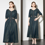 Retro denim dress women's heavy industry embroidery bubble sleeve design sense breasted slim long temperament dress skirt