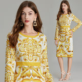 Real shot,  positioning printing temperament high waist hip dress, high waist long sleeve crew neck skirt elegant