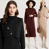 Real shot, fashionable thickened personalized semi-turtleneck bottomed knitted vest + long-sleeved dress, two-piece set