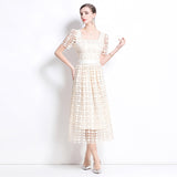 Temperament court style first love skirt square collar hollow lace waist thin dress women popular skirt women summer