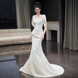 2025 Fish tail satin light wedding dress simple Korean Mori super fairy engagement dress white square neck door yarn covering thick arms