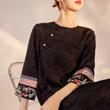 Retro national style printing light luxury silk dress female retro celebrity slim high-end temperament long dress M7096