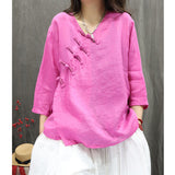 Spring and summer  literary printing diagonal placket button-up national style shirt commuting thin versatile seven-quarter sleeve pullover