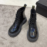 hulianfu Autumn Fashion Reflective Color Leather New Fashion Temperament Ankle Boots Lace Up Neon Lights Party Shining Women Shoes