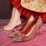 hulianfu Shiny Sequins High Heels Pumps Women  New Crystal Bowtie Thin Heeled Wedding Party Shoes Woman Luxury Pointed Toe Red Pumps