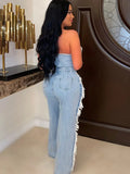 Tassel Hollow Out  Overalls For Women Studded Diamond Strapless Backless Jeans Street Fashion Trend Jumpsuite Femme