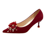 Red Silk Low Heels Wedding Shoes Women  New Pearl Flower Thin Heeled Pumps Woman Slip On Pointed Toe Ladies Party Shoes