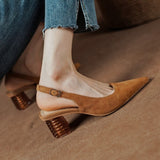 hulianfu French Style Pointed Toe Med Heel Shoes Elegant Woman Sheepsuede Leather Pumps Slingbacks Pumps Vintage Dress Heel