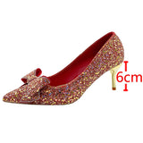 hulianfu Shiny Sequins High Heels Pumps Women  New Crystal Bowtie Thin Heeled Wedding Party Shoes Woman Luxury Pointed Toe Red Pumps