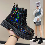 hulianfu Autumn Fashion Reflective Color Leather New Fashion Temperament Ankle Boots Lace Up Neon Lights Party Shining Women Shoes