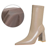 Shoes Mid-Calf Boots Chunky Block Heels Women Boots Pointed High-Heeled Boots Lady Pu Leather Boots Autumn Winter Shoes