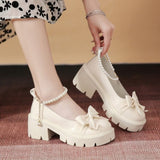 hulianfu Simulation Pearls Mary Jane Shoes Women Spring Autumn Solid Color Thick Bottom Light Anti-slip Leather Shoes Tacones Plataforma