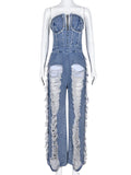 Tassel Hollow Out  Overalls For Women Studded Diamond Strapless Backless Jeans Street Fashion Trend Jumpsuite Femme