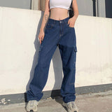 Weekeep Fashion Streetwear Women Pocket Jeans High Waist Jeans Korean Casual Straight Harajuku Denim Pants Baggy Cargo Pants