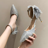 Luxury Silver Sequin High Heels Wedding Shoes Women  Autumn Crystal Bowtie Ankle Straps Bridal Shoes Woman Thin Heeled Pumps