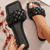 hulianfu Women Flat Slide Braided Vamp Square Toe Slipper Sandals Personality Slippers  Outdoor Summer Sexy Slides Ladies Shoes