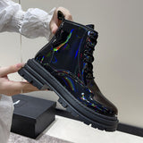 hulianfu Autumn Fashion Reflective Color Leather New Fashion Temperament Ankle Boots Lace Up Neon Lights Party Shining Women Shoes