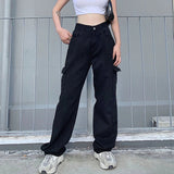 Weekeep Streetwear Fashion Women Jeans Pocket High Waist Jeans Korean Casual Straight Harajuku Denim Pants Baggy Cargo Pants