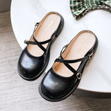 hulianfu The new summer  low-heeled half-toe slippers Fashion house designed casual black round head women's Muller leather shoes