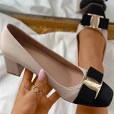 hulianfu  Fashion Classic Thick Heel Bow Metal Decoration Lady Pumps Simple Square Head Leather Women Single Shoes Female Shoes