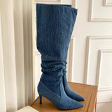Pleated High Heels Denim Boots for Women  Autumn Jeans Knee High Cowboy Boots Woman Blue Thin Heeled Long Botas Feminina