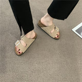 hulianfu Women Slippers Flat Bottom Bucken Ladies Shoes Round Toe Thick Bottom Frosted Leather Summer Belt Buckle Design Female Shoes