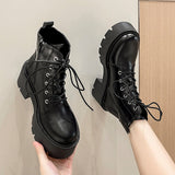 Black Chunky Platform Ankle Boots for Women  Spring Thick Bottom Lace Up Shoes Woman Retro White Pu Leather Short Boots