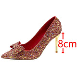 hulianfu Shiny Sequins High Heels Pumps Women  New Crystal Bowtie Thin Heeled Wedding Party Shoes Woman Luxury Pointed Toe Red Pumps