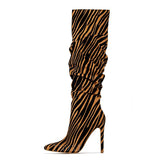 hulianfu Women Leopard Knee High Boots Women's Pleated Long Boots Ladies Pointed Toe High Heels Female Pumps Woman Shoes Plus Size 43