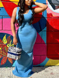 Blue Denim Maxi Dresses Women Spaghetti Strap Low Cut Backless Zipper Split Bodycon Dress Summer  Harajuku Streetwear