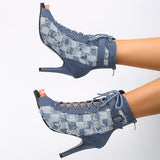 Blue Denim High Heels Boots Women  Autumn Pointed Toe Peep Toe Ankle Boots Woman Plus Size 42 Zipper Thin Heeled Short Botas