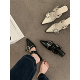 Punk Gothic Metal Buckle Low Heels Sandals Women  New Pointed Toe Thick Heeled Summer Slippers Woman Platform Muller Shoes