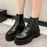 Black Chunky Platform Ankle Boots for Women  Spring Thick Bottom Lace Up Shoes Woman Retro White Pu Leather Short Boots