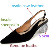 hulianfu French Style Pointed Toe Med Heel Shoes Elegant Woman Sheepsuede Leather Pumps Slingbacks Pumps Vintage Dress Heel