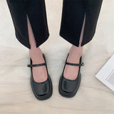 Mary Jane Shoes Women Leather Square Toe Metal Buckle Strap Sweet Lady Slip On Flats Retro British Style Black White New