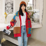 hulianfu Female Winter Autumn Christmas Print V-neck Korean Preppy Style Long Sleeve Buttons Knitted Cardigan Coat Street Casual Top