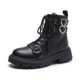 Heart Buckle Chunky Platform Ankle Boots Women  Autumn Pu Leather Thick Bottom Short Boots Woman Black Motorcycle Shoes