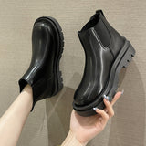 Black White Platform Chelsea Boots for Women  Autumn Thick Bottom Pu Leather Ankle Boots Woman Slip On Short Botas Shoes