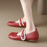 Cute Lace Straps Red Mary Jane Shoes Women  Autumn Comfortable Soft Sole Ballet Flats Woman Round Toe Low Heels Party Shoes