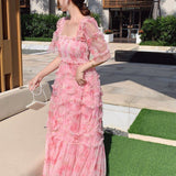 New French Floral Pink Square Collar Slim Fairy Dress Aestethic Summer Party Beach Dress Elegant Long Dresses Woman Clothes