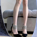 Shiny Crystal Tassels High Heels Pumps Women  Autumn Sexy Black Ankle Straps Party Shoes Woman Pointed Toe Thin Heeled Pumps