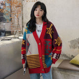 Female Winter Autumn Christmas Print V-neck Korean Preppy Style Long Sleeve Buttons Knitted Cardigan Coat Street Casual Top