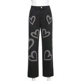 hulianfu Fashion Trousers Medium Wash High Waist Heart Print Wide Leg Jeans