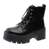 Black Chunky Platform Ankle Boots for Women  Spring Thick Bottom Lace Up Shoes Woman Retro White Pu Leather Short Boots