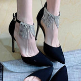 Shiny Crystal Tassels High Heels Pumps Women  Autumn Sexy Black Ankle Straps Party Shoes Woman Pointed Toe Thin Heeled Pumps